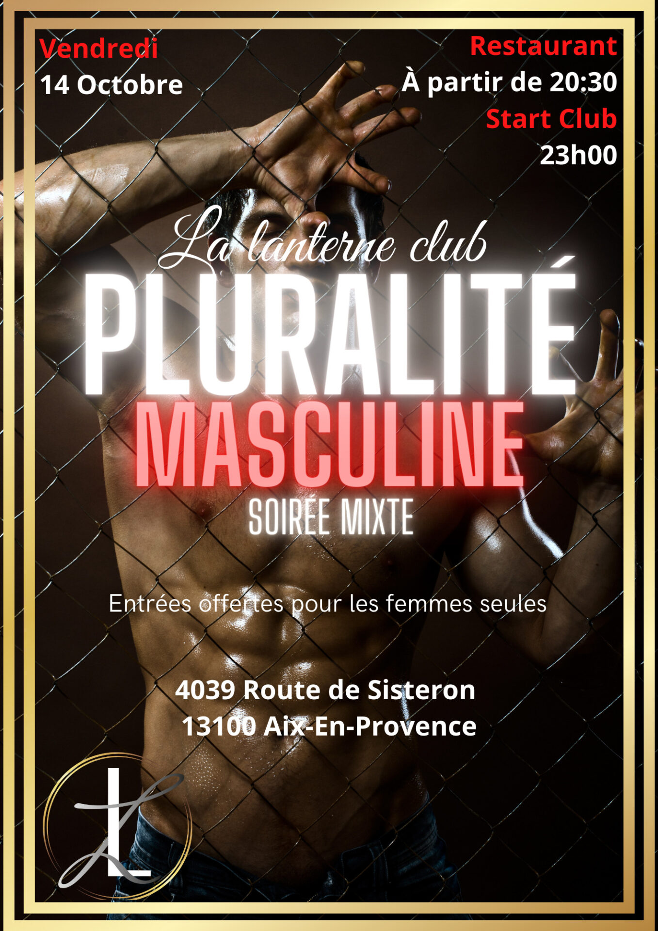 Flyer soirée mixte pluralité masculine à la Lanterne vendredi 14 octobre