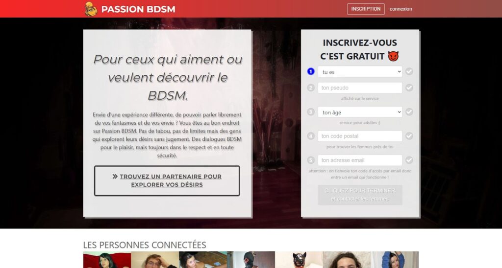 Screenshot of the Passion BDSM website, a black background, a red banner at the top and two blocks of writing.